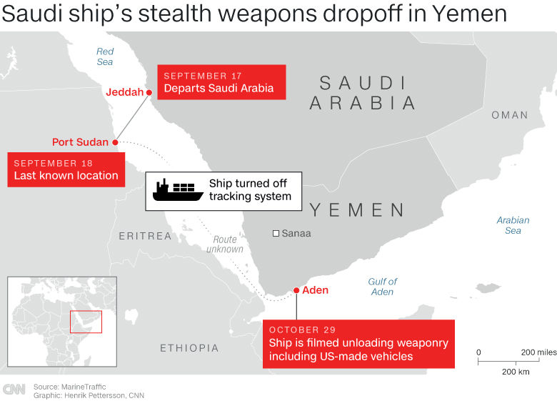 Saudi ship's stealth weapons dropoff in Yemen